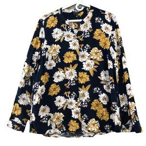 NWT Esmara Long Sleeve Blouse Womens L Blue Floral Rayon Button Up Band Collar